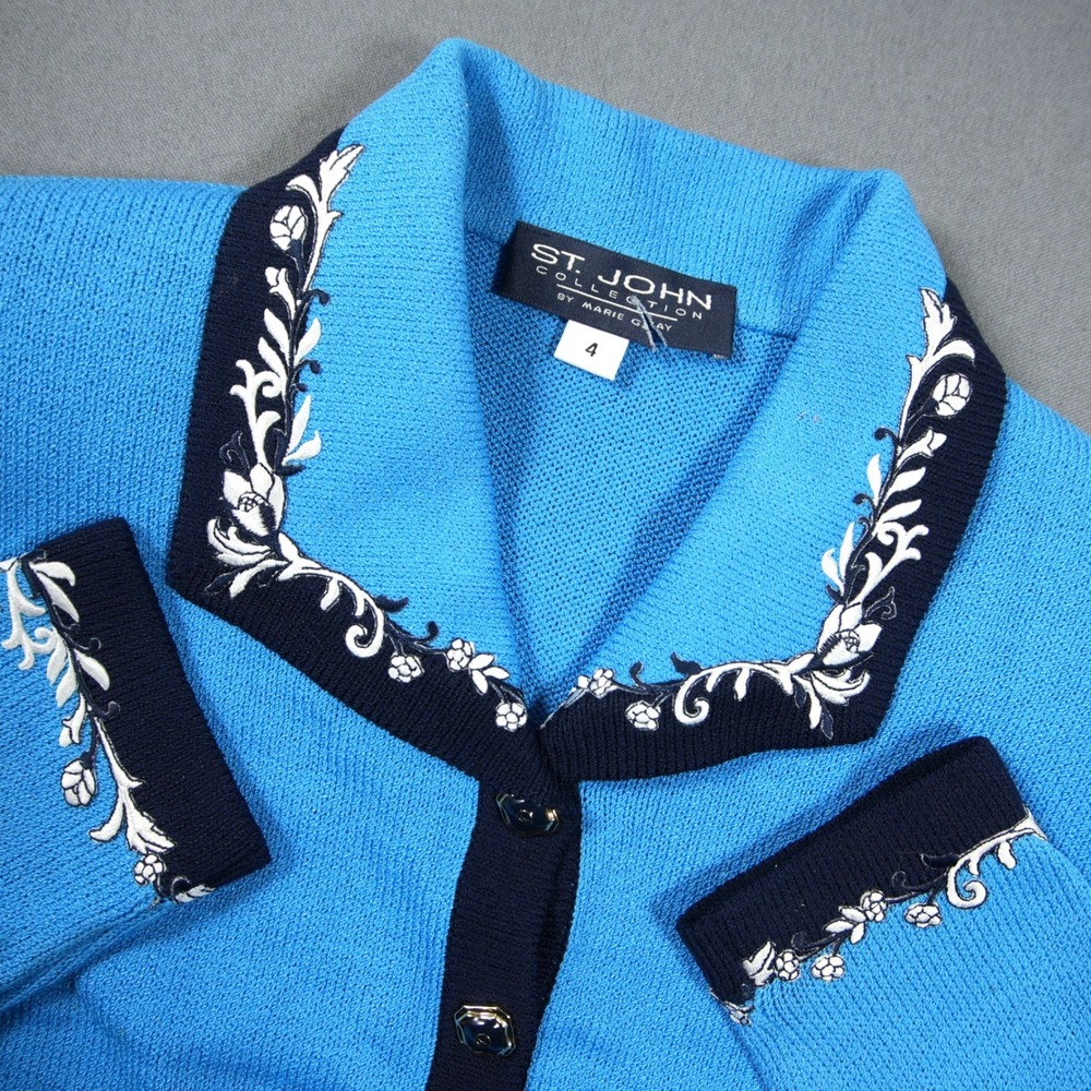 St. John Floral Embroidered Knit Collared Women Cardigan Jacket Button Front 4
